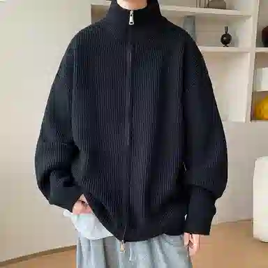 悍戈 美式复古纯色慵懒休闲双拉链立领开衫针织衫 男款