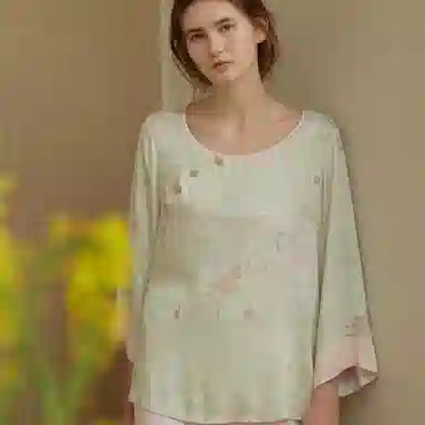 怡吾色 新中式清新印花七分袖上衣纯色裤子睡衣套装 女款