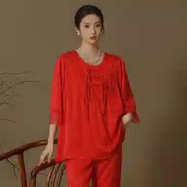 怡吾色 新中式印花圆领长袖上衣松紧腰长裤睡衣套装 女款