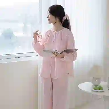 怡吾色 糖果系列 双层纱圆领家居服清新小格纹睡衣套装 女款