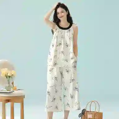 怡吾色 纯棉七分裤卡通吊带圆领睡衣套装 女款