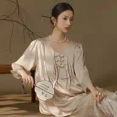 怡吾色 新中式印花圆领长袖上衣松紧腰长裤睡衣套装 女款