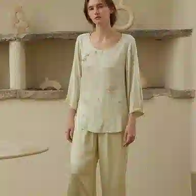 怡吾色 新中式清新印花七分袖上衣纯色裤子睡衣套装 女款