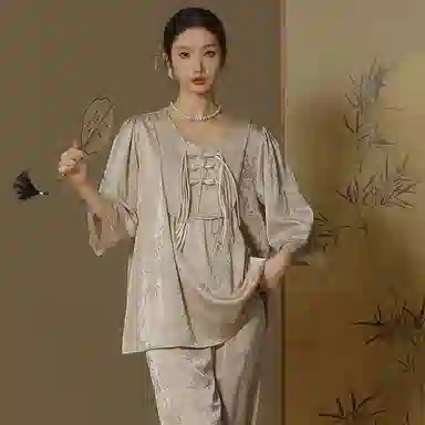 怡吾色 新中式印花圆领长袖上衣松紧腰长裤睡衣套装 女款