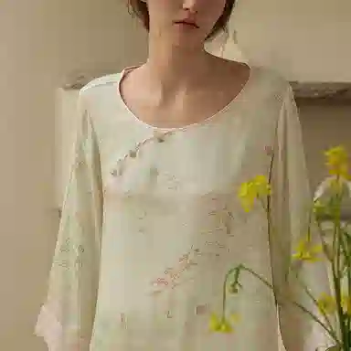 怡吾色 新中式清新印花七分袖上衣纯色裤子睡衣套装 女款