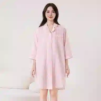 怡吾色 家居简约清新小格纹长袖睡裙 女款