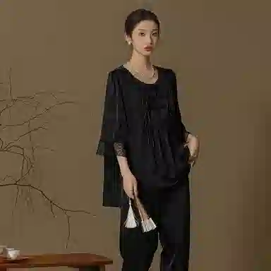 怡吾色 新中式印花圆领长袖上衣松紧腰长裤睡衣套装 女款