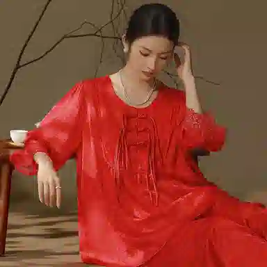 怡吾色 新中式印花圆领长袖上衣松紧腰长裤睡衣套装 女款