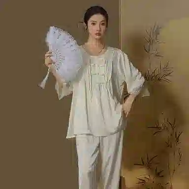 怡吾色 新中式印花圆领长袖上衣松紧腰长裤睡衣套装 女款