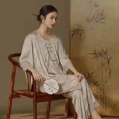 怡吾色 新中式印花圆领长袖上衣松紧腰长裤睡衣套装 女款