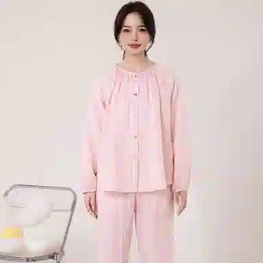 怡吾色 糖果系列 双层纱圆领家居服清新小格纹睡衣套装 女款