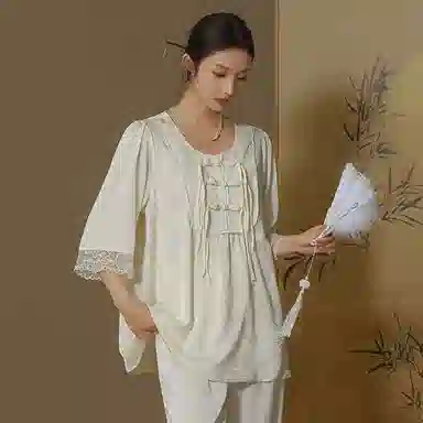 怡吾色 新中式印花圆领长袖上衣松紧腰长裤睡衣套装 女款