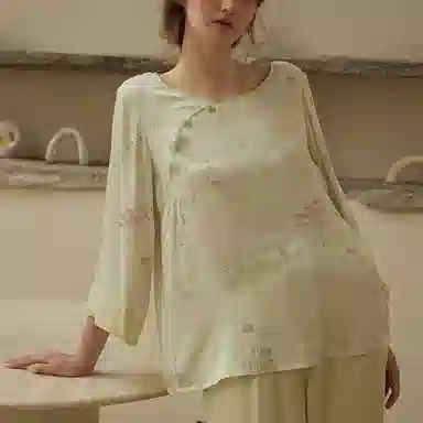 怡吾色 新中式清新印花七分袖上衣纯色裤子睡衣套装 女款