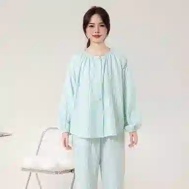 怡吾色 糖果系列 双层纱圆领家居服清新小格纹睡衣套装 女款