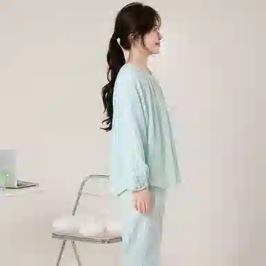 怡吾色 糖果系列 双层纱圆领家居服清新小格纹睡衣套装 女款