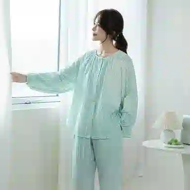 怡吾色 糖果系列 双层纱圆领家居服清新小格纹睡衣套装 女款
