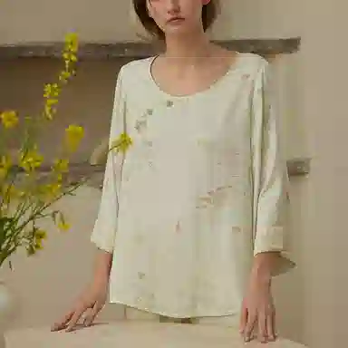 怡吾色 新中式清新印花七分袖上衣纯色裤子睡衣套装 女款