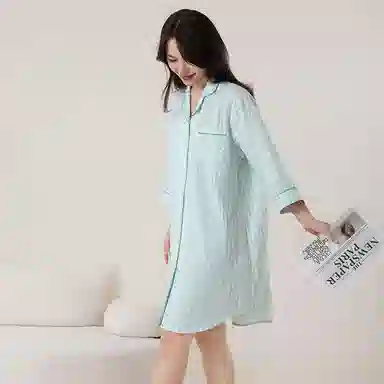 怡吾色 家居简约清新小格纹长袖睡裙 女款