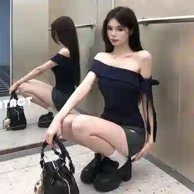 邓大喵 夏季时尚韩系法式一字肩上衣半装 舒适百搭显瘦设计感裙装套装 女款
