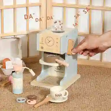 萌吉码 木质蓝色咖啡机 过家家玩具