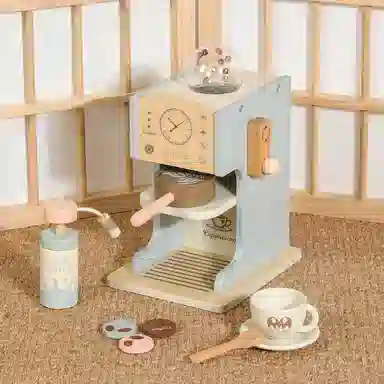 萌吉码 木质蓝色咖啡机 过家家玩具