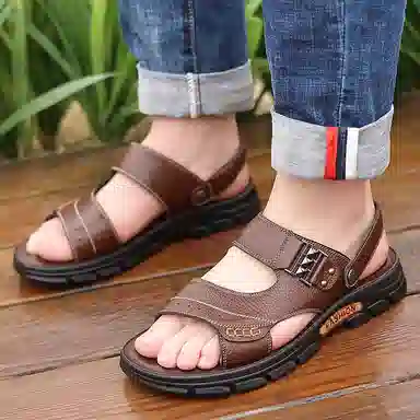 意利船长 头层牛皮 百搭 时尚休闲 沙滩凉鞋 男款