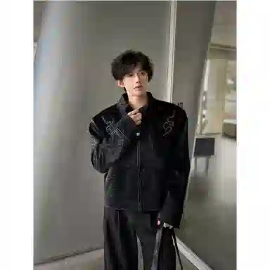悍戈 小众个性轻奢钉珠蟒蛇纹理刺绣创意设计感高街美式复古潮牌宽松舒适防风透气大码夹克外套 男女同款