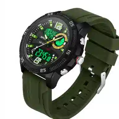 三达 潮流个性时尚百搭休闲双显示腕表 电子+石英机芯 硅胶表带 国表 男表 黑色表盘 防水夜光闹钟多功能手表