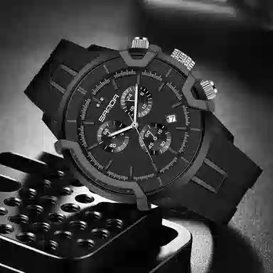 三达潮流酷炫个性百搭休闲学生 石英机芯 国表 男表 黑色表盘 夜光效果日历夜光防震防水