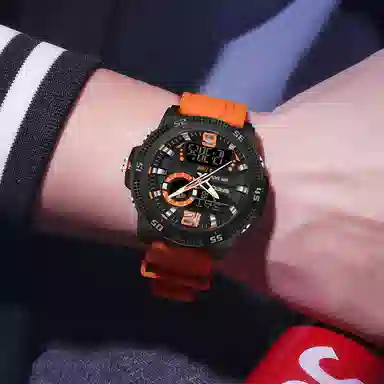 三达 潮流个性时尚百搭休闲双显示腕表 电子+石英机芯 硅胶表带 国表 男表 黑色表盘 防水夜光闹钟多功能手表