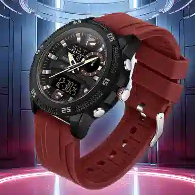 三达 潮流个性时尚百搭休闲双显示腕表 电子+石英机芯 硅胶表带 国表 男表 黑色表盘 防水夜光闹钟多功能手表