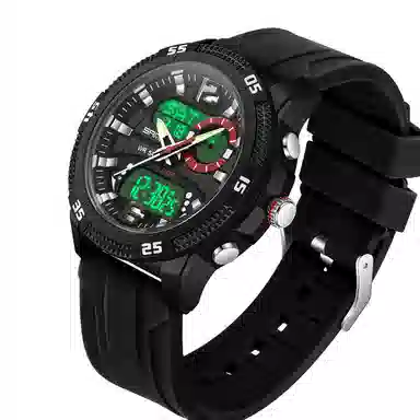 三达 潮流个性时尚百搭休闲双显示腕表 电子+石英机芯 硅胶表带 国表 男表 黑色表盘 防水夜光闹钟多功能手表