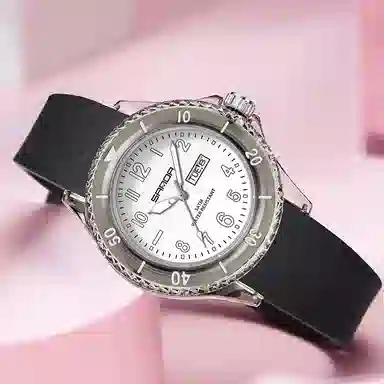 三达石英手表学生男女同款户外防水夜光简约可爱日历透明表壳国表 黑色表盘男女同款石英机芯