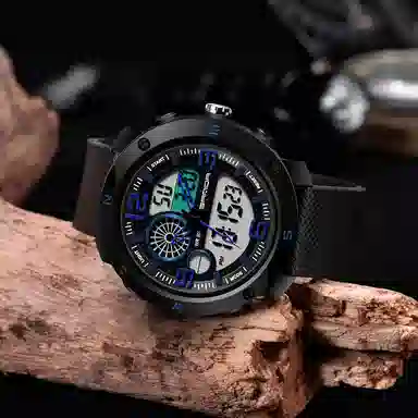 三达 时尚潮流学生腕表 电子+石英机芯 塑胶表带 国表 男表 黑色表盘 防水夜光