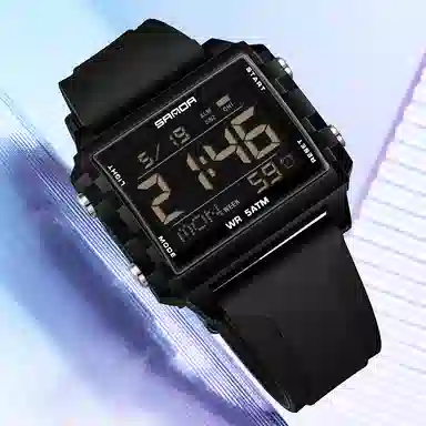 三达 时尚男士潮流方块腕表 电子机芯 硅胶表带 国表 男表 黑色表盘 防水夜光