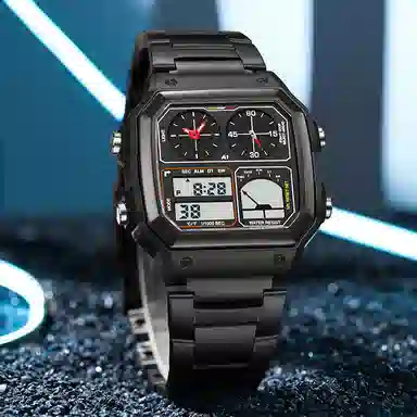 三达 简约大气复古方块腕表 双显示测温三地时间 电子+石英机芯 钢表带 国表 男表 黑色表盘 防水