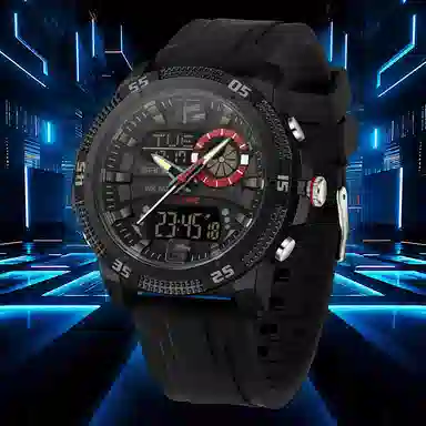 三达 潮流个性时尚百搭休闲双显示腕表 电子+石英机芯 硅胶表带 国表 男表 黑色表盘 防水夜光闹钟多功能手表