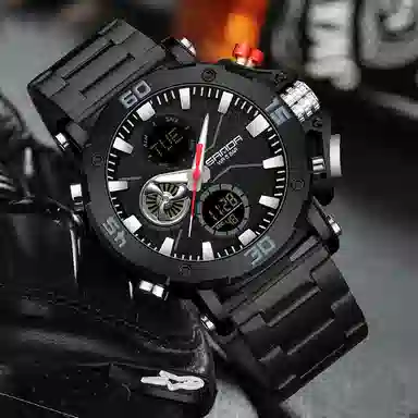 三达 时尚潮流男士双显示学生腕表 电子+石英机芯 钢表带 国表 男表 黑色表盘 防水