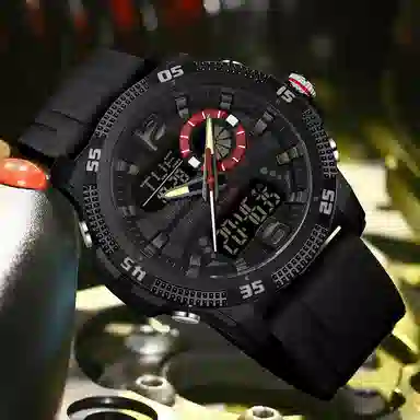 三达 潮流个性时尚百搭休闲双显示腕表 电子+石英机芯 硅胶表带 国表 男表 黑色表盘 防水夜光闹钟多功能手表