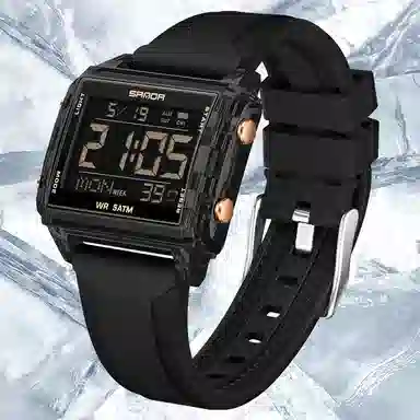 三达 时尚男士潮流方块腕表 电子机芯 硅胶表带 国表 男表 黑色表盘 防水夜光