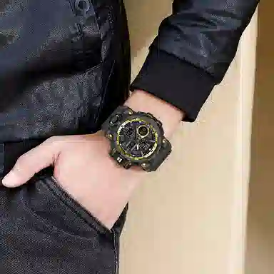 三达 时尚潮流 电子+石英机芯 树脂表带 国表 男表 黑色表盘 夜光防水