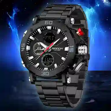 三达 时尚潮流男士双显示学生腕表 电子+石英机芯 钢表带 国表 男表 黑色表盘 防水