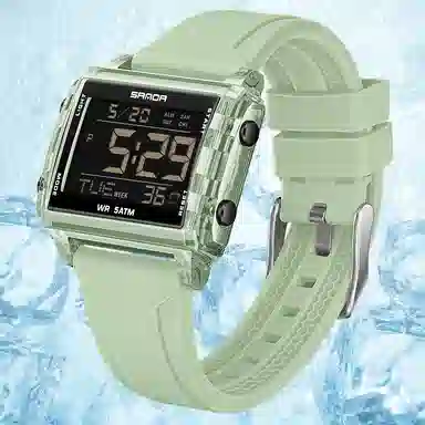 三达 时尚男士潮流方块腕表 电子机芯 硅胶表带 国表 男表 黑色表盘 防水夜光