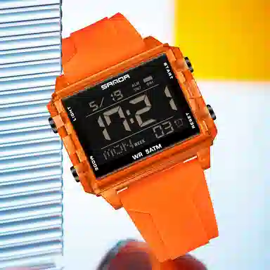 三达 时尚男士潮流方块腕表 电子机芯 硅胶表带 国表 男表 黑色表盘 防水夜光