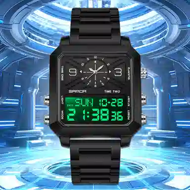 三达 潮流时尚商务方块腕表 电子+石英机芯 钢表带 国表 男表 黑色表盘