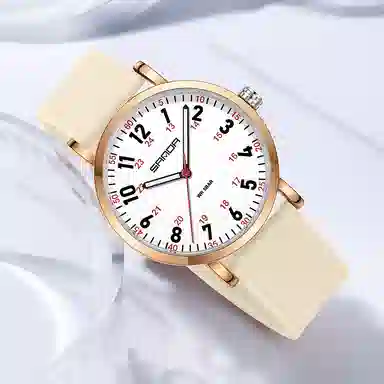 三达简约时尚考生专用静音走时超薄表壳 石英机芯 硅胶表带 国表 男女同款 白色表盘 防水夜光