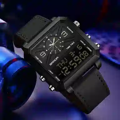 三达 时尚复古方块商务腕表 电子+石英机芯 皮带表带 国表 男表 彩色表盘