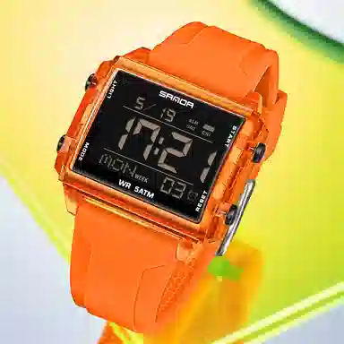 三达 时尚男士潮流方块腕表 电子机芯 硅胶表带 国表 男表 黑色表盘 防水夜光