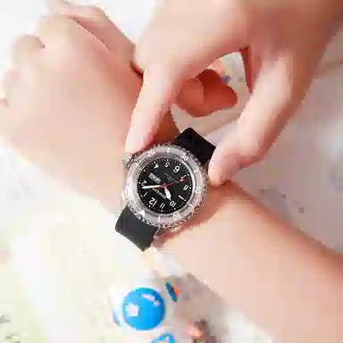 三达石英手表学生男女同款户外防水夜光简约可爱日历透明表壳国表 黑色表盘男女同款石英机芯