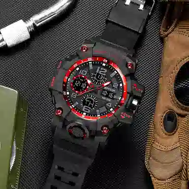 三达 时尚潮流 电子+石英机芯 树脂表带 国表 男表 黑色表盘 夜光防水